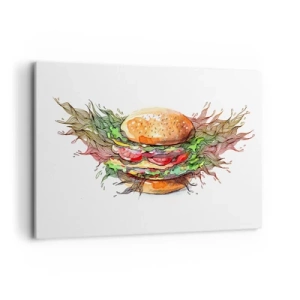 Quadro su tela - Stampe su Tela - Illustrazione artistica di un hamburger con elementi dinamici - 120x80cm - Una tentazione calda - Decorazione murale moderna per soggiorno e camera da letto ARTTOR