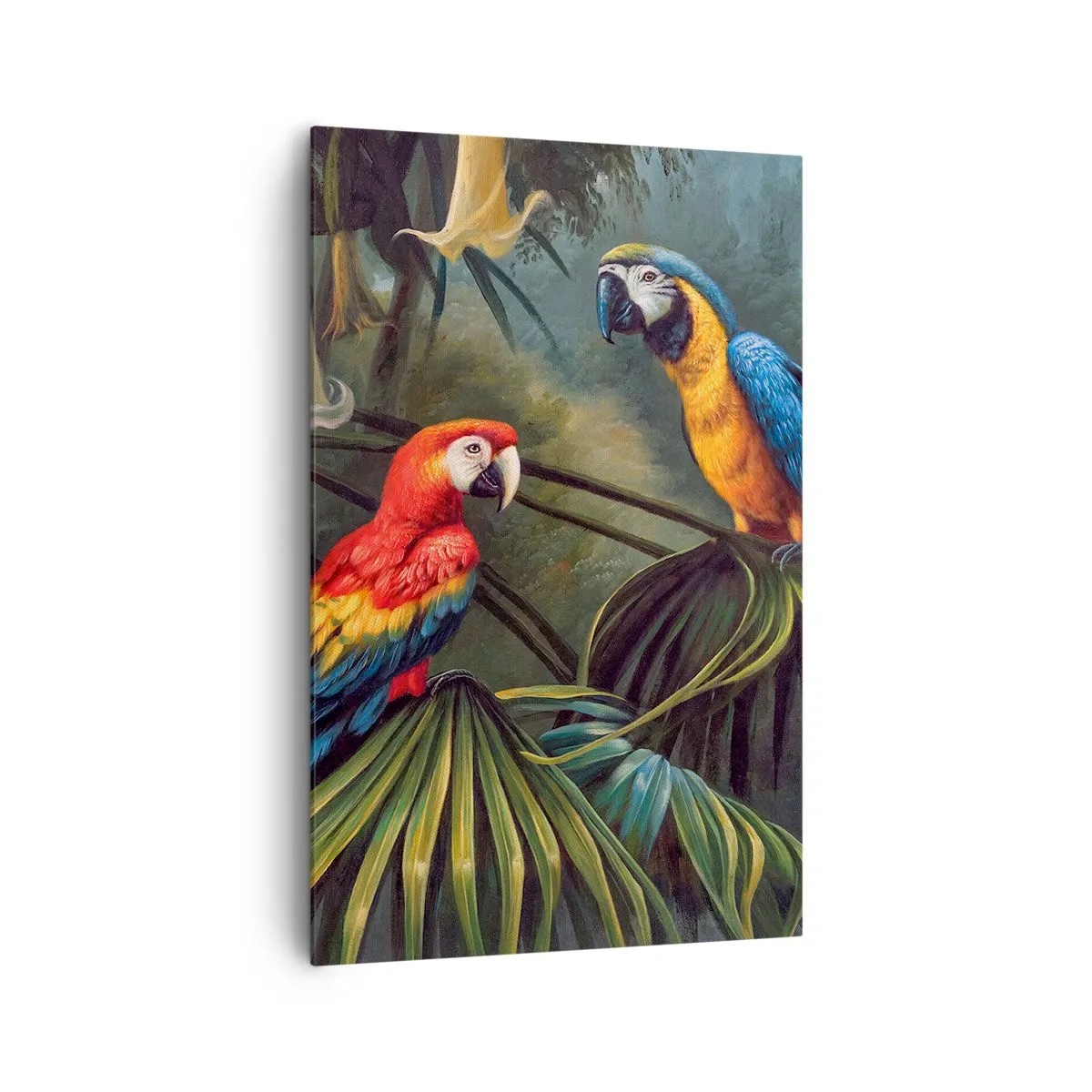 Quadro su tela - Stampe su Tela - Pappagalli in una foresta tropicale con fiori esotici sullo sfondo - 80x120cm - Romanticità ai tropici - Decorazione murale moderna per soggiorno e camera da letto ARTTOR
