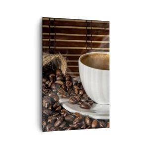 Quadro su tela - Stampe su Tela - Una tazza di caffè con chicchi su uno sfondo di bambù - 80x120cm - Nero del carbone, trasparenza dell'ambra - Decorazione murale moderna per soggiorno e camera da letto ARTTOR