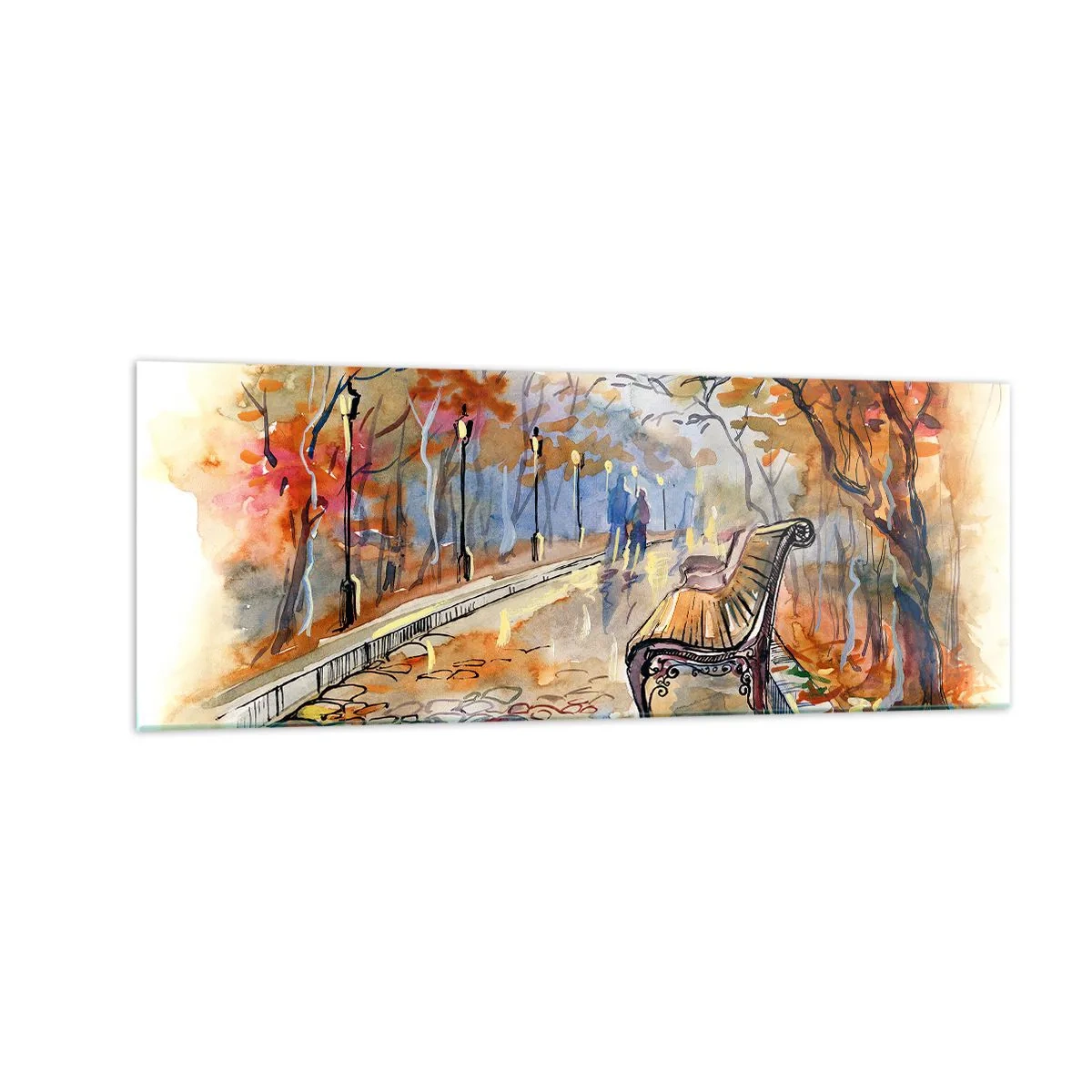 Quadro su vetro - Un parco autunnale con una panchina in acquerello - 140x50cm - Passeggiando insieme l'autunno - Decorazione murale moderna per soggiorno e camera da letto ARTTOR