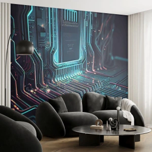 Fotomurali Premium Sand - Struttura moderna del circuito integrato al neon - 100x70cm - Sto pensando qualcosa... - Decorazione murale moderna per soggiorno e camera da letto ARTTOR