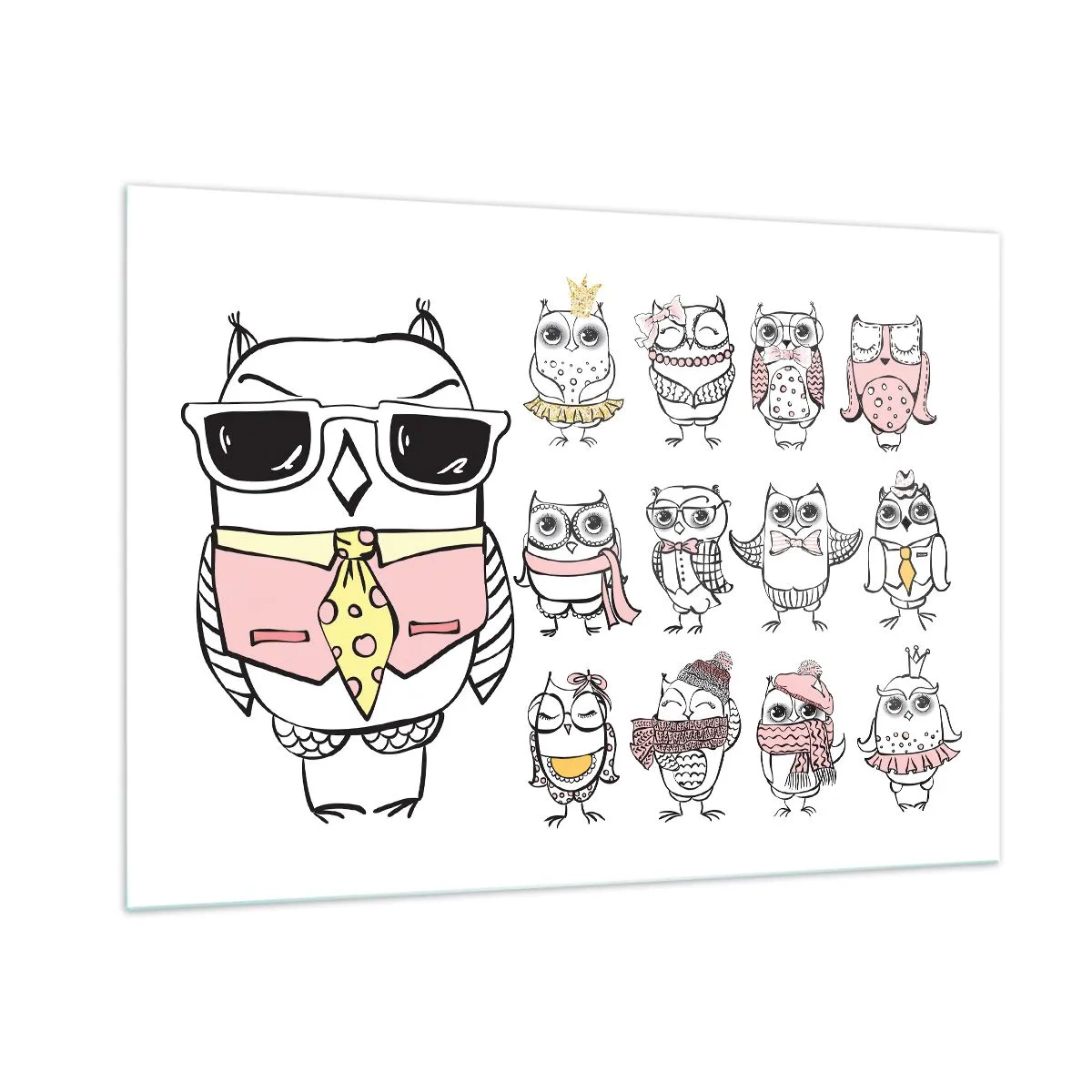 Quadro su vetro - Divertenti disegni di gufi in vari stili - 100x70cm - Tanti ruoli da svolgere - Decorazione murale moderna per soggiorno e camera da letto ARTTOR