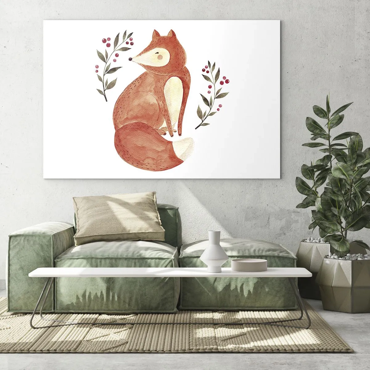 Quadro su vetro - Adorabile volpe acquerellata con ramoscelli e bacche - 70x50cm - Piccola rossa - Decorazione murale moderna per soggiorno e camera da letto ARTTOR