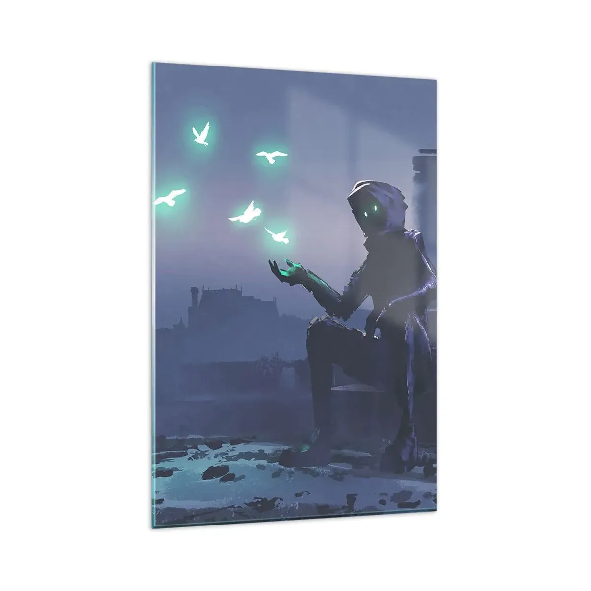 Quadro su vetro - Una figura incappucciata con uccelli magici sullo sfondo di una città - 80x120cm - La vita ritorna - Decorazione murale moderna per soggiorno e camera da letto ARTTOR