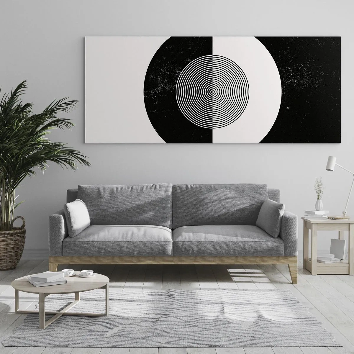 Quadro su vetro - Motivo grafico in bianco e nero a contrasto - 140x50cm - Armonia in bianco e nero - Decorazione murale moderna per soggiorno e camera da letto ARTTOR