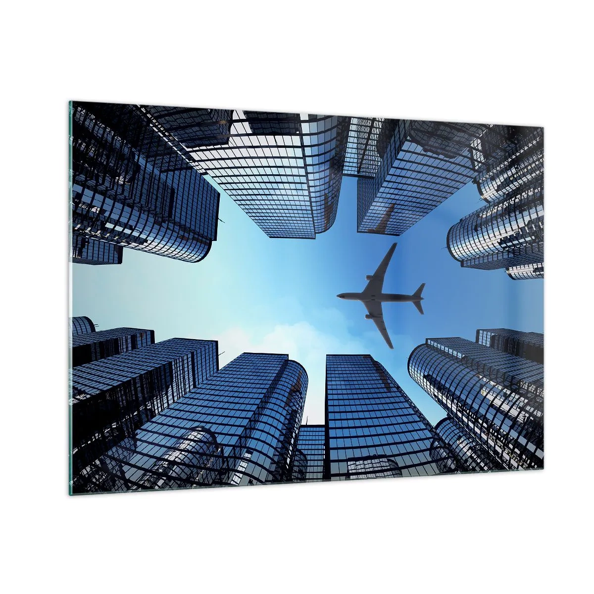 Quadro su vetro - Vista dell'aereo tra i grattacieli - 100x70cm - Panorama dal canyon di vetro - Decorazione murale moderna per soggiorno e camera da letto ARTTOR