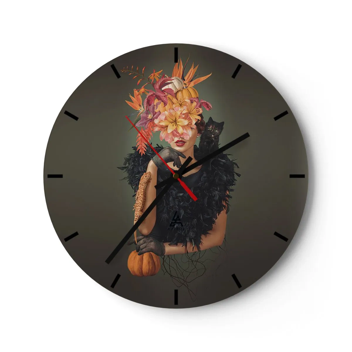 Orologio da parete - Orologio in Vetro - Una donna con una composizione floreale e una zucca su uno sfondo scuro - 30x30cm - L'incantesimo della strega - Decorazione murale moderna per soggiorno, cucina e camera da letto ARTTOR