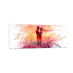 Quadro su vetro - Una coppia abbracciata su uno sfondo astratto rosa e arancione - 140x50cm - Un unico cuore! Mi basta così poco... - Decorazione murale moderna per soggiorno e camera da letto ARTTOR