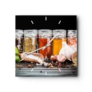 Orologio da parete - Orologio in Vetro - Erbe e spezie in barattoli di vetro su sfondo scuro - 30x30cm - Perché la vita abbia sapore - Decorazione murale moderna per soggiorno e camera da letto ARTTOR