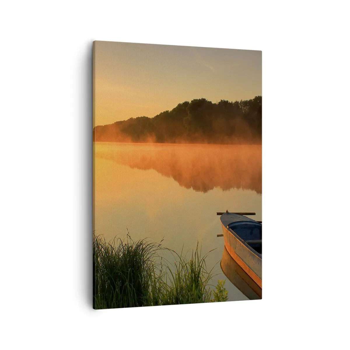 Quadro su tela - Stampe su Tela - Nebbia mattutina sul fiume con una barca sotto i raggi del sole - 50x70cm - Alba sull'acqua, come uno specchio - Decorazione murale moderna per soggiorno e camera da letto ARTTOR