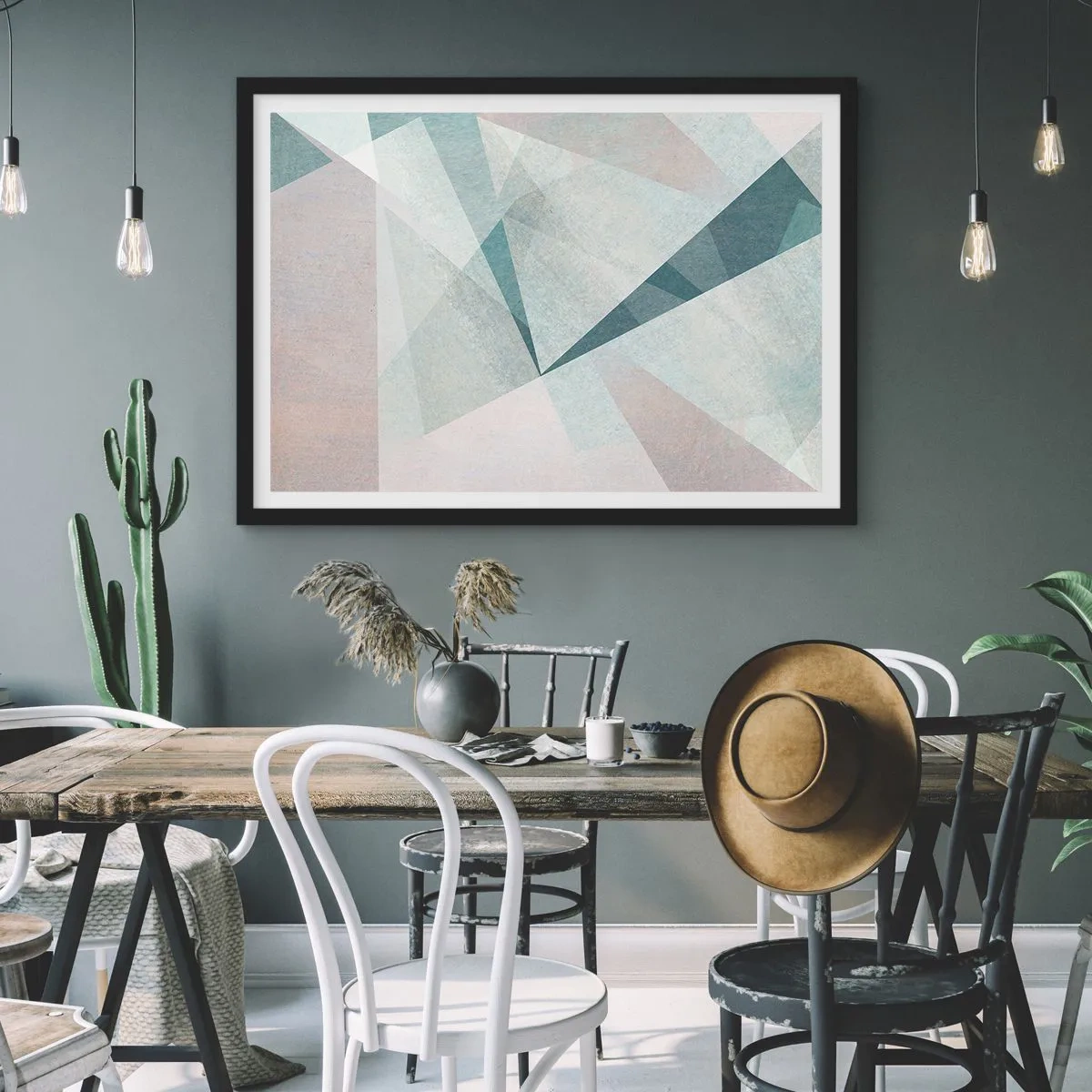 Poster in cornice nera - Forme geometriche in tonalità pastello di blu e grigio - 70x50cm - Con calma ma dinamicamente - Decorazione murale moderna per soggiorno e camera da letto ARTTOR