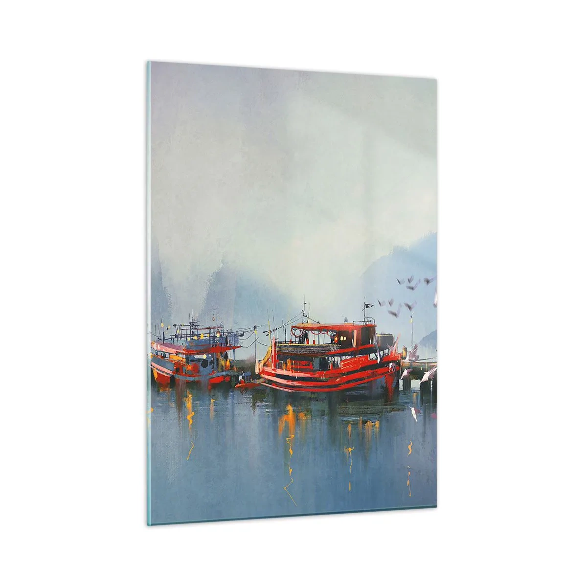 Quadro su vetro - Un porto con barche rosse, un faro e uccelli sullo sfondo delle montagne - 50x70cm - Alla fine del mondo - Decorazione murale moderna per soggiorno e camera da letto ARTTOR