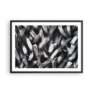 Poster in cornice nera - Astrazione dinamica con pennellate bianche su sfondo nero. - 70x50cm - Astrazione in spirito industriale - Decorazione murale moderna per soggiorno e camera da letto ARTTOR