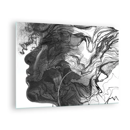 Quadro su vetro - Silhouette in bianco e nero di una donna con linee astratte - 70x50cm - Aggrovigliata nei sogni - Decorazione murale moderna per soggiorno e camera da letto ARTTOR