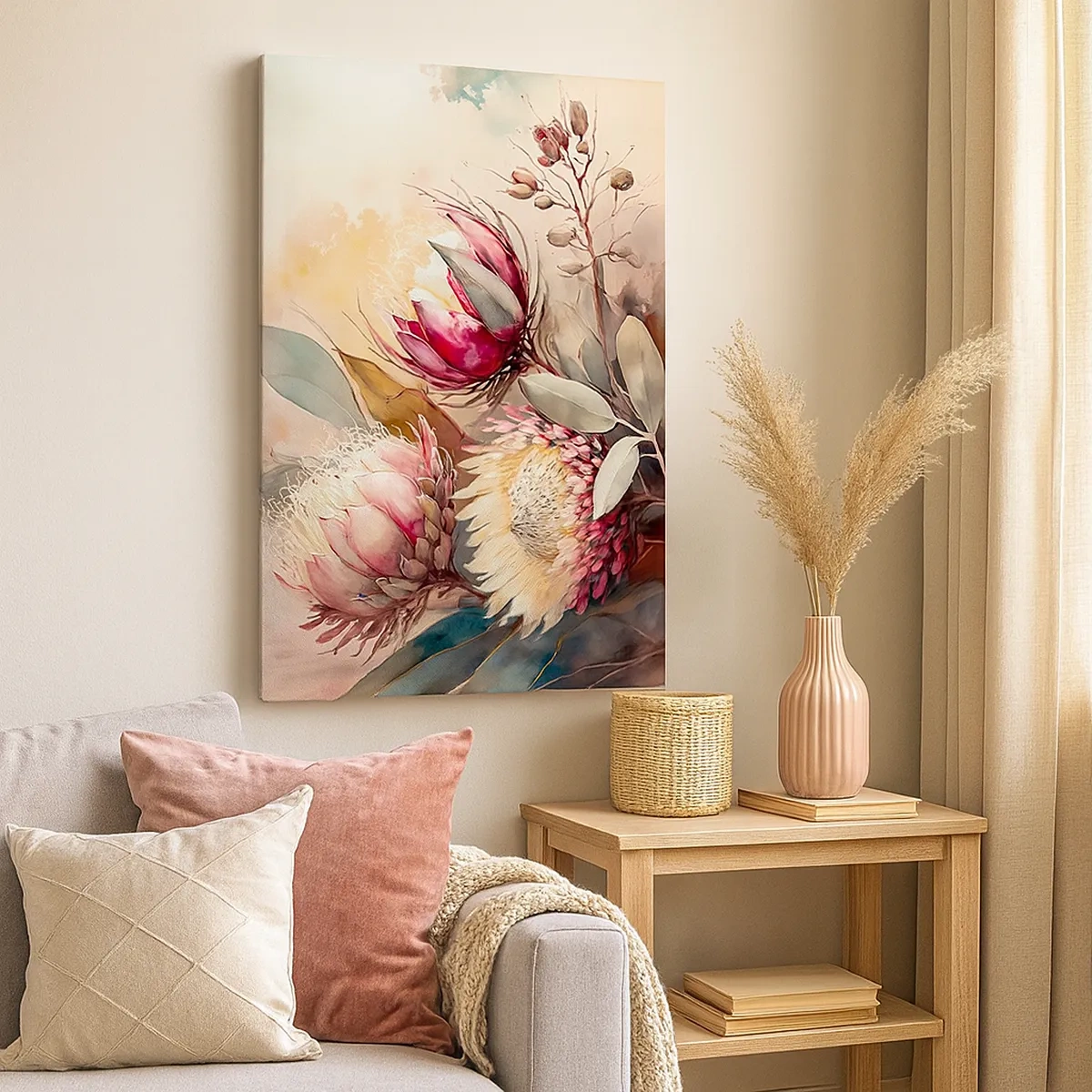 Quadro su tela - Stampe su Tela - Fiori di protea in delicate tonalità pastello - 50x70cm - Di profilo e di fronte - Decorazione murale moderna per soggiorno e camera da letto ARTTOR