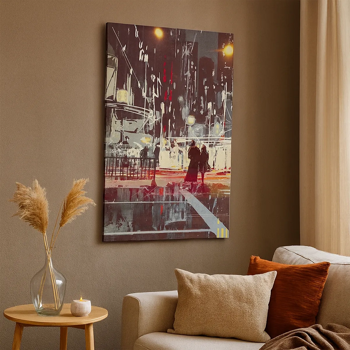 Quadro su tela - Stampe su Tela - Città di notte con luci al neon e sagome di persone per strada - 50x70cm - Viaggio nella grande città - Decorazione murale moderna per soggiorno e camera da letto ARTTOR