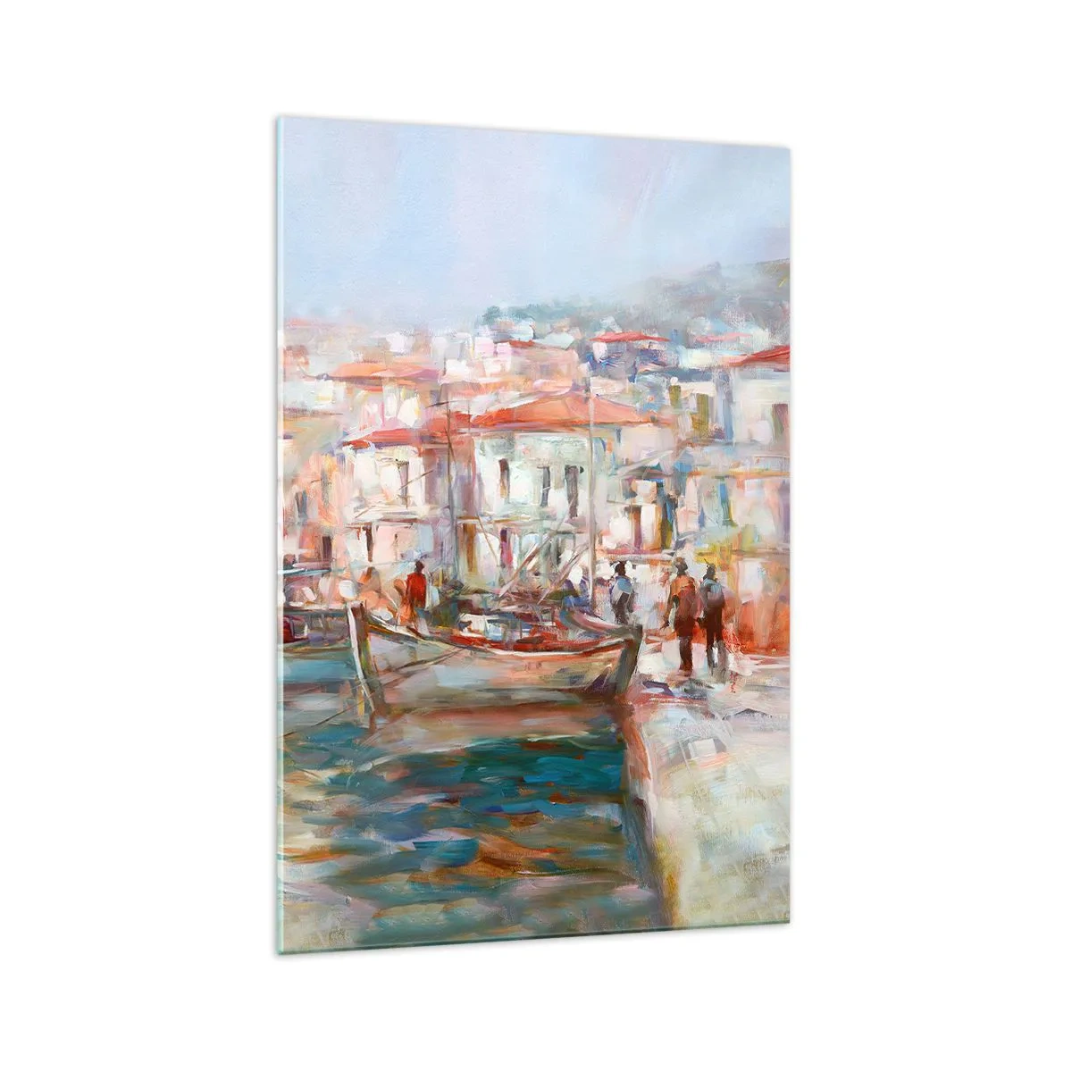 Quadro su vetro - Impressione del porto con barche ed edifici - 70x100cm - Vacanze in pastello - Decorazione murale moderna per soggiorno e camera da letto ARTTOR