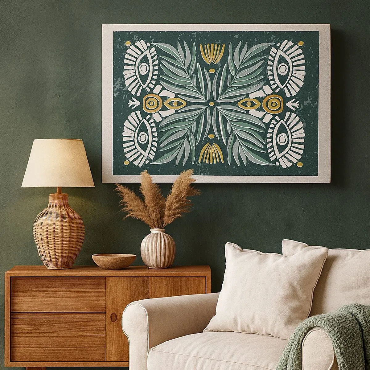 Quadro su tela - Stampe su Tela - Motivo vegetale simmetrico su sfondo verde - 70x50cm - Geometrie di arte popolare - Decorazione murale moderna per soggiorno e camera da letto ARTTOR