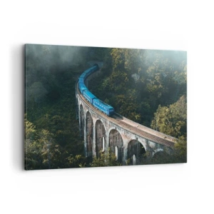 Quadro su tela - Stampe su Tela - Un treno blu su un viadotto storico tra le foreste - 100x70cm - Attrazione della natura - Decorazione murale moderna per soggiorno e camera da letto ARTTOR