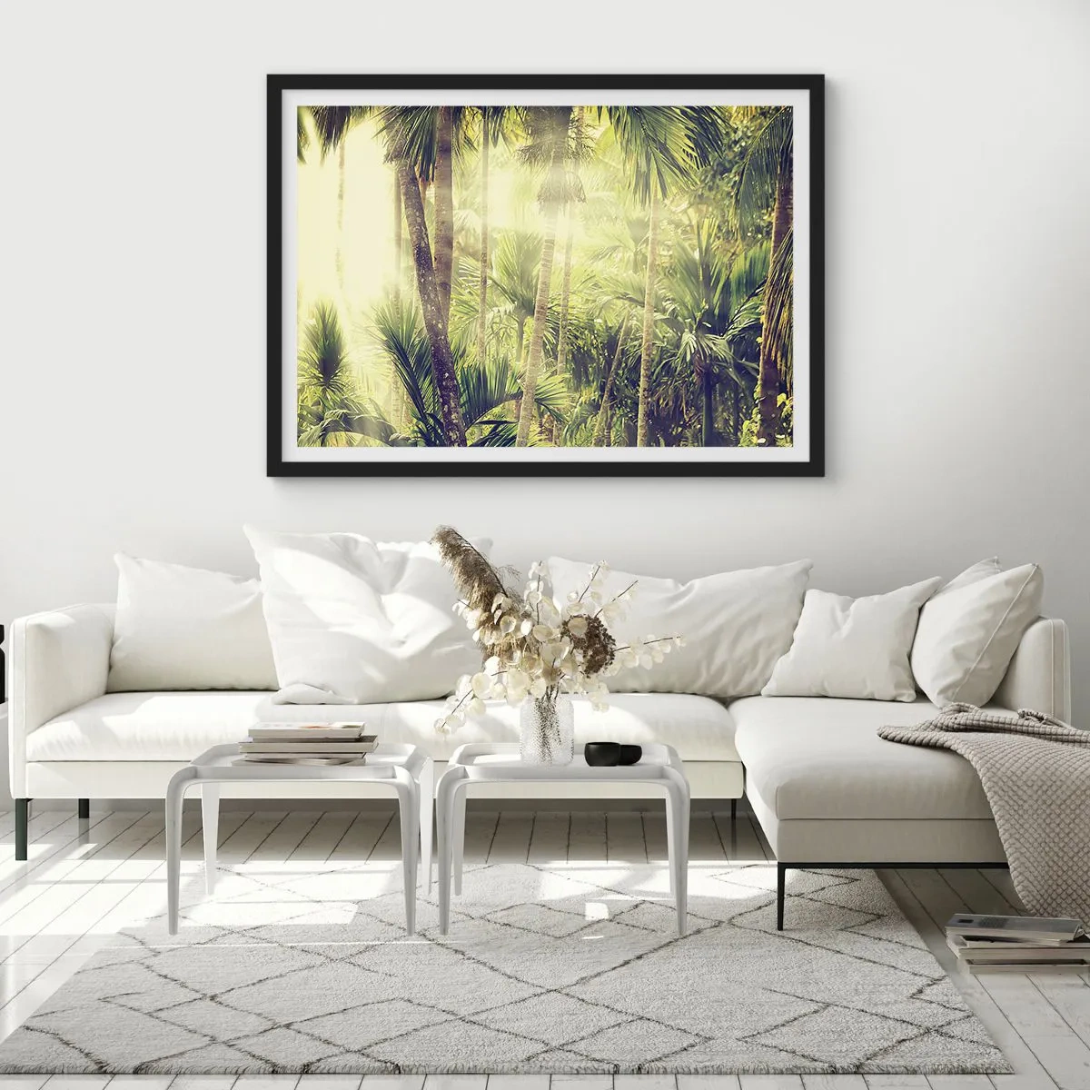 Poster in cornice nera - Raggi di sole in una foresta tropicale di palme - 70x50cm - Nell'afa verde - Decorazione murale moderna per soggiorno e camera da letto ARTTOR