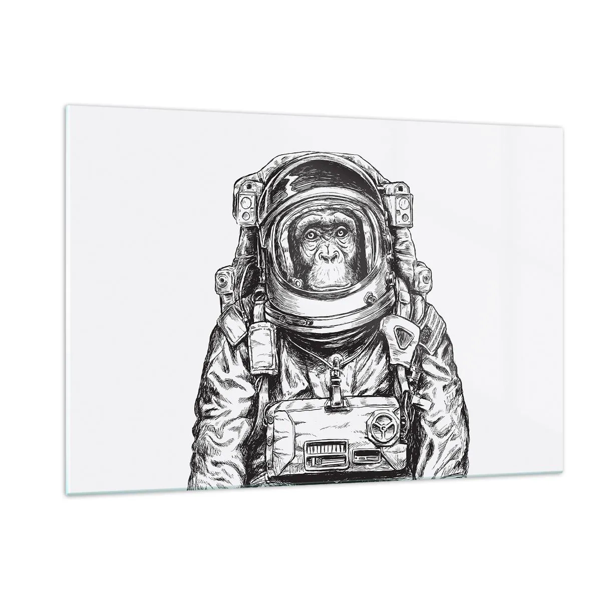 Quadro su vetro - Schizzo di una scimmia in tuta da astronauta su sfondo bianco - 120x80cm - Evoluzione alternativa - Decorazione murale moderna per soggiorno e camera da letto ARTTOR