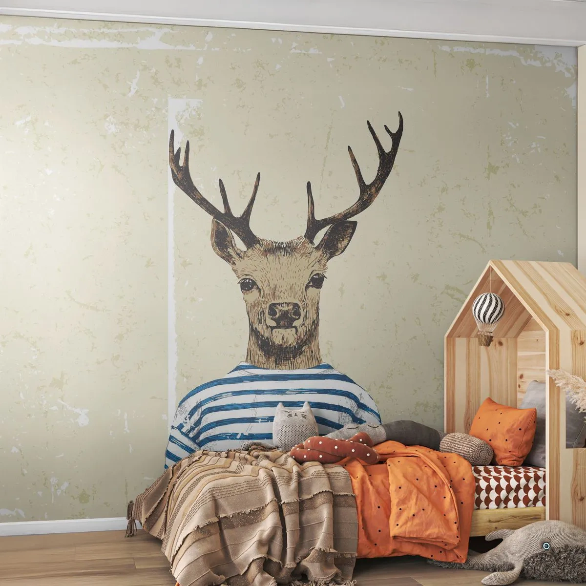 Fotomurali Premium Canvas - Un cervo con una camicia a righe su uno sfondo chiaro con una trama delicata - 100x70cm - Mi piacciono le camicie a righe! - Decorazione murale moderna per soggiorno e camera da letto ARTTOR