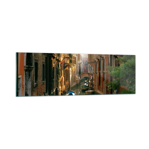Quadro su vetro - Un pittoresco canale a Venezia con barche e un ponte - 160x50cm - Un angolo di Venezia - Decorazione murale moderna per soggiorno e camera da letto ARTTOR