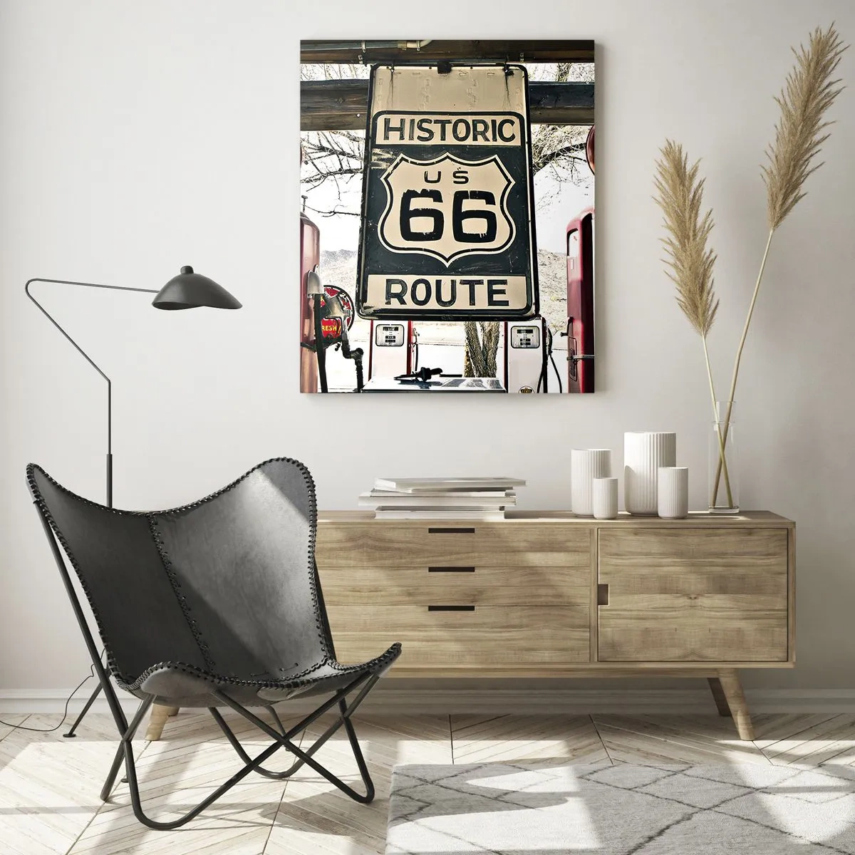 Quadro su vetro - Stazione di servizio storica della Route 66 - 70x100cm - Viaggio retro americano - Decorazione murale moderna per soggiorno e camera da letto ARTTOR