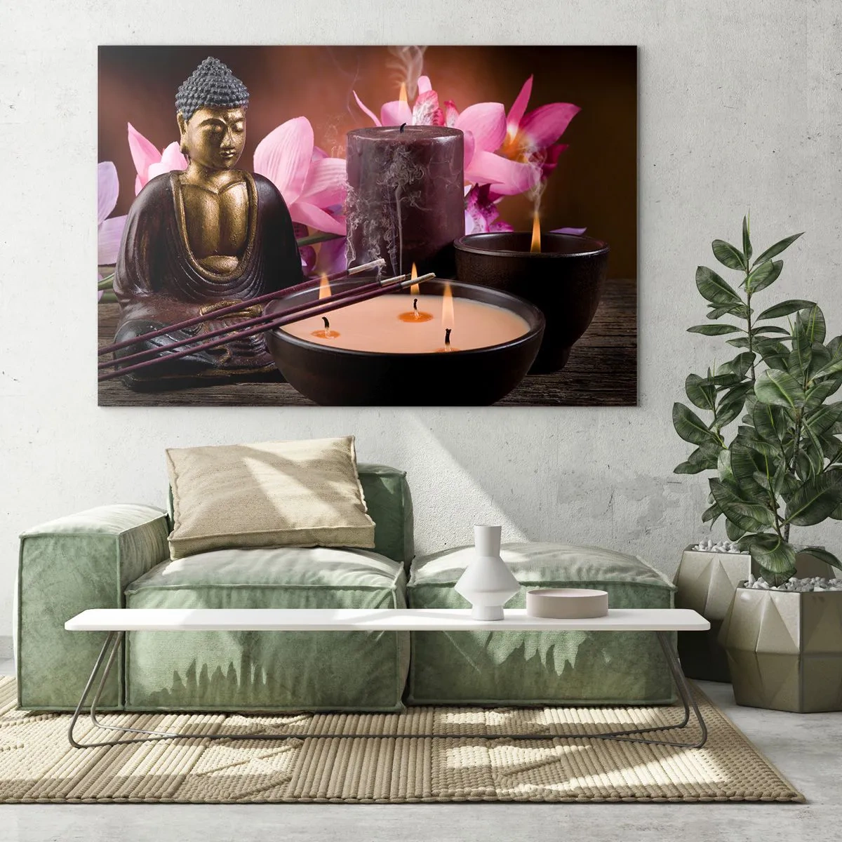 Quadro su vetro - Composizione rilassante con Buddha, candele e fiori - 120x80cm - Purificare la mente, calmare il corpo - Decorazione murale moderna per soggiorno e camera da letto ARTTOR