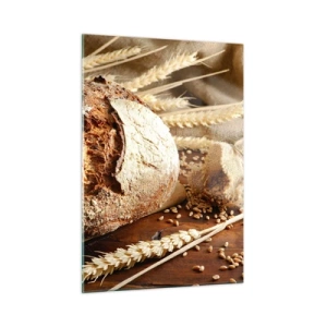 Quadro su vetro - Pane su un tagliere con spighe di grano e sacchi di grano - 50x70cm - Appetitoso, profumato, croccante - Decorazione murale moderna per soggiorno e camera da letto ARTTOR