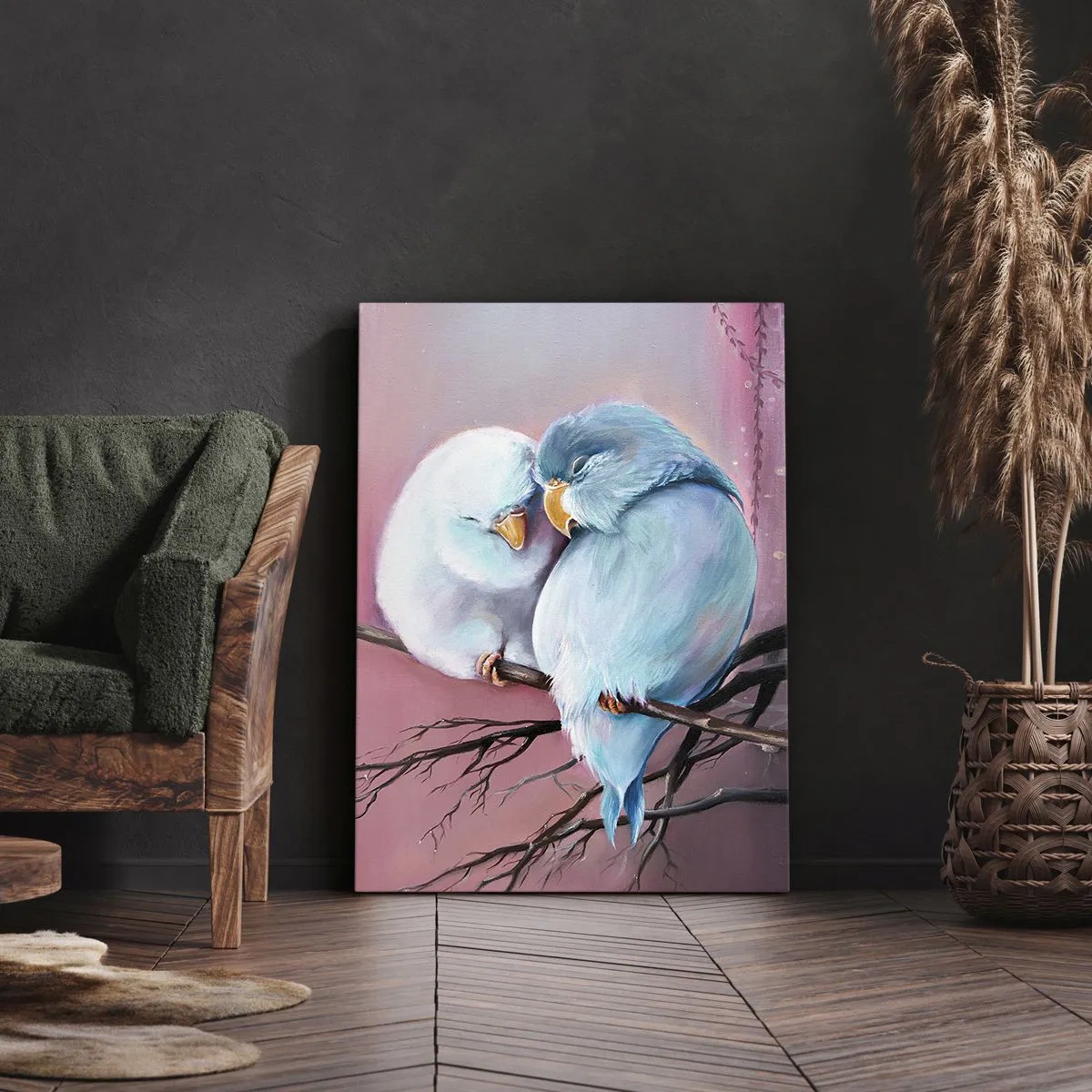 Quadro su tela - Stampe su Tela - Due uccelli innamorati su un ramo su uno sfondo rosa - 50x70cm - Che cosa aggiungere? - Decorazione murale moderna per soggiorno e camera da letto ARTTOR