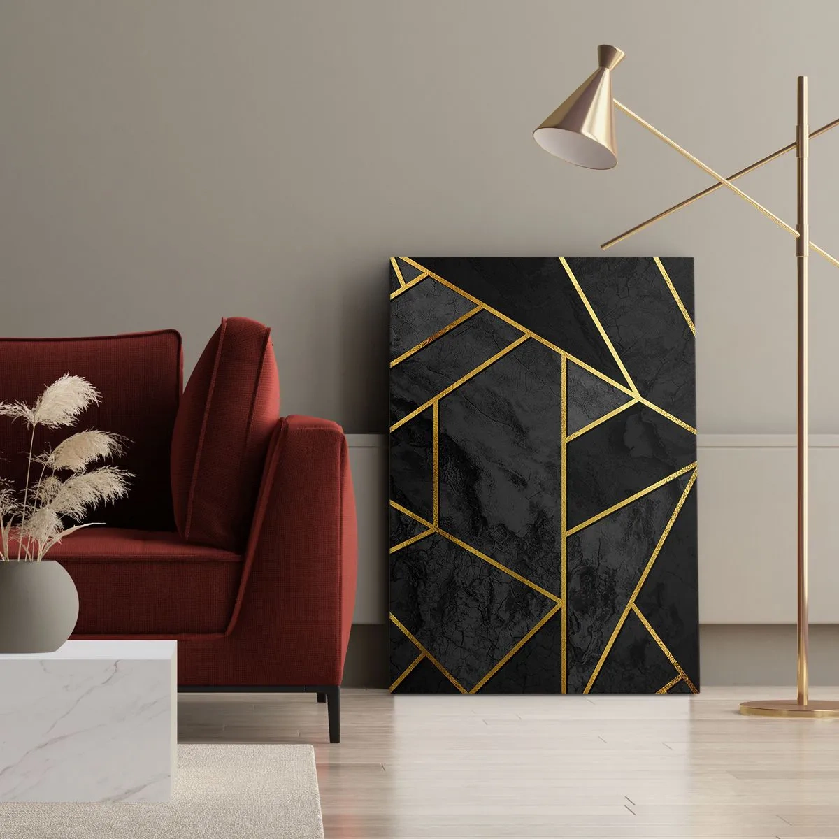 Quadro su tela - Stampe su Tela - Motivo geometrico dorato su sfondo nero - 80x120cm - Oscurità e luce - Decorazione murale moderna per soggiorno e camera da letto ARTTOR
