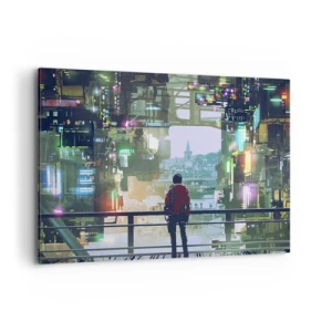 Quadro su tela - Stampe su Tela - Una figura in una città futuristica con luci al neon - 100x70cm - Due mondi - Decorazione murale moderna per soggiorno e camera da letto ARTTOR