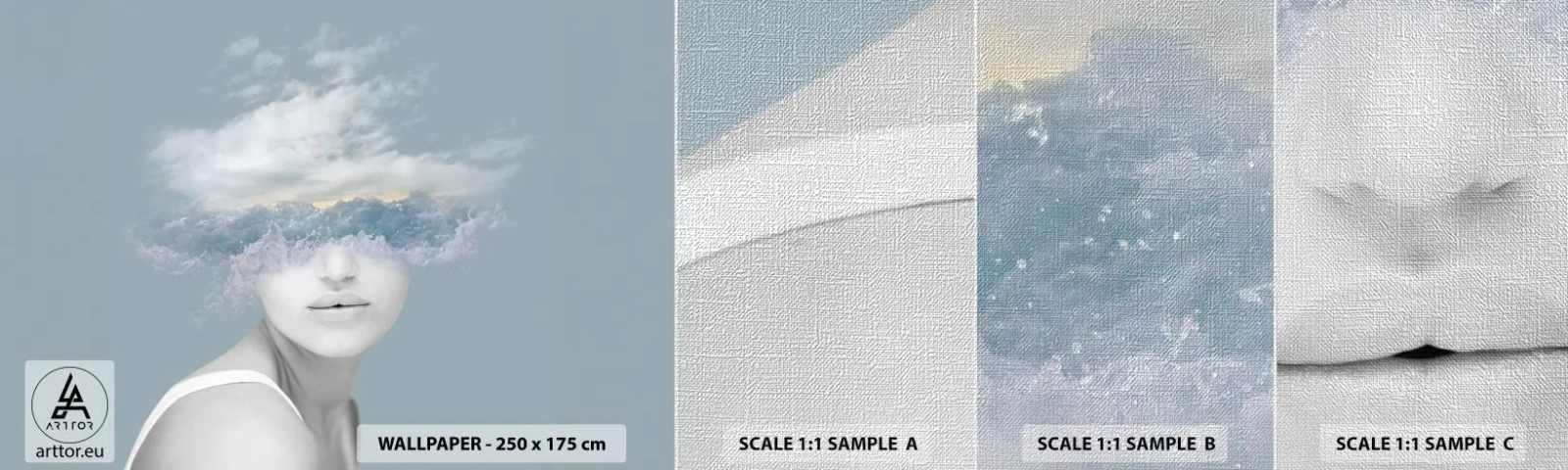 Campione di Fotomurale Premium Canvas - Con la testa tra le nuvole - Luminoso, Ritratto, Nuvole - 100x30 cm