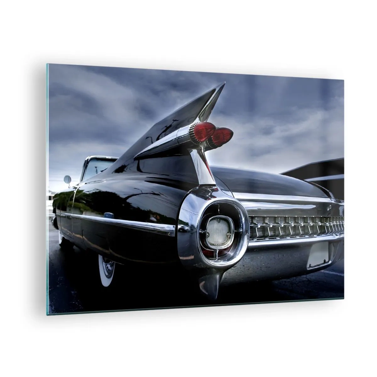 Quadro su vetro - Eleganti fanali posteriori per auto d'epoca in vernice nera lucida - 70x50cm - Proprio per questo è bella! - Decorazione murale moderna per soggiorno e camera da letto ARTTOR