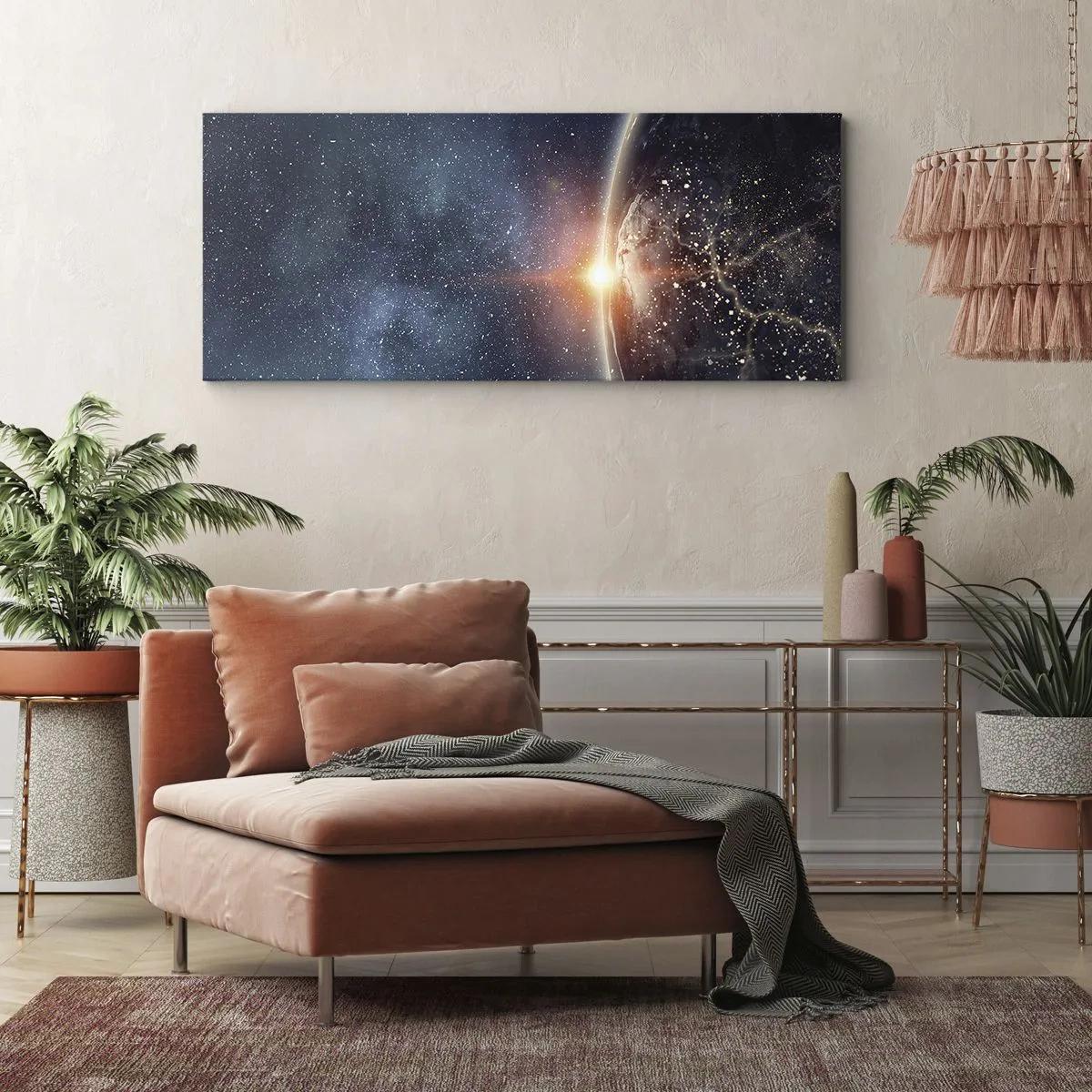 Quadro su tela - Stampe su Tela - La Terra vista dallo spazio con il sole che sorge - 140x50cm - In una nuova prospettiva - Decorazione murale moderna per soggiorno e camera da letto ARTTOR