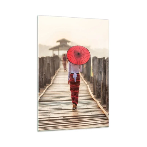 Quadro su vetro - Una donna con un ombrello rosso su un ponte di legno - 80x120cm - Sul vecchio ponte - Decorazione murale moderna per soggiorno e camera da letto ARTTOR