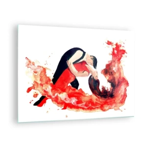 Quadro su vetro - Una coppia che balla in una composizione dinamica ad acquerello rosso - 70x50cm - Tango: un'onda di passione - Decorazione murale moderna per soggiorno e camera da letto ARTTOR