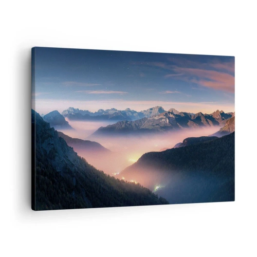 Quadro su tela - Stampe su Tela - Un paesaggio montano con una valle piena di nebbia - 70x50cm - La luce nelle valli - Decorazione murale moderna per soggiorno e camera da letto ARTTOR