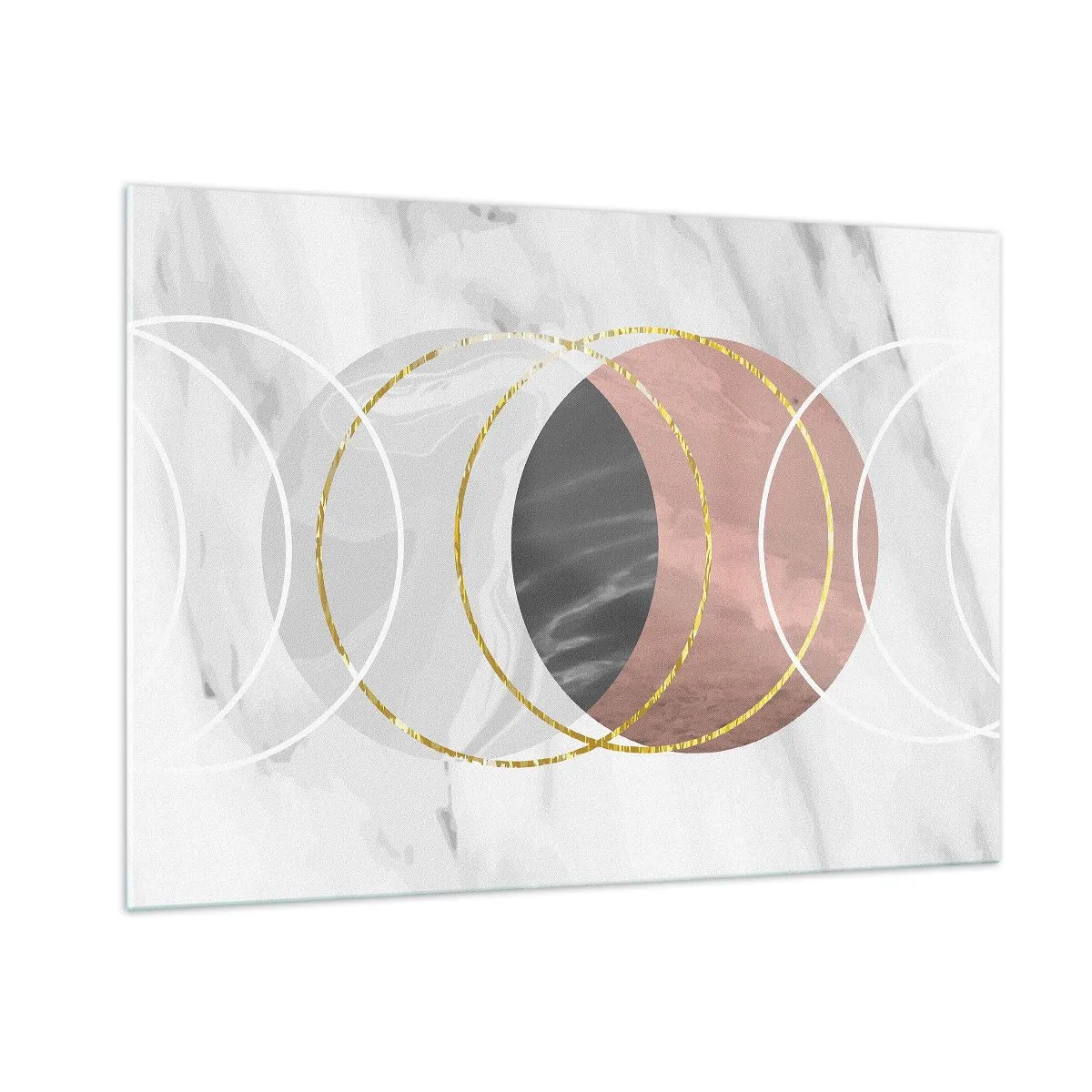 Quadro su vetro - Cerchi geometrici nei toni del rame, dell'oro e del marmo - 100x70cm - La musica delle sfere - Decorazione murale moderna per soggiorno e camera da letto ARTTOR