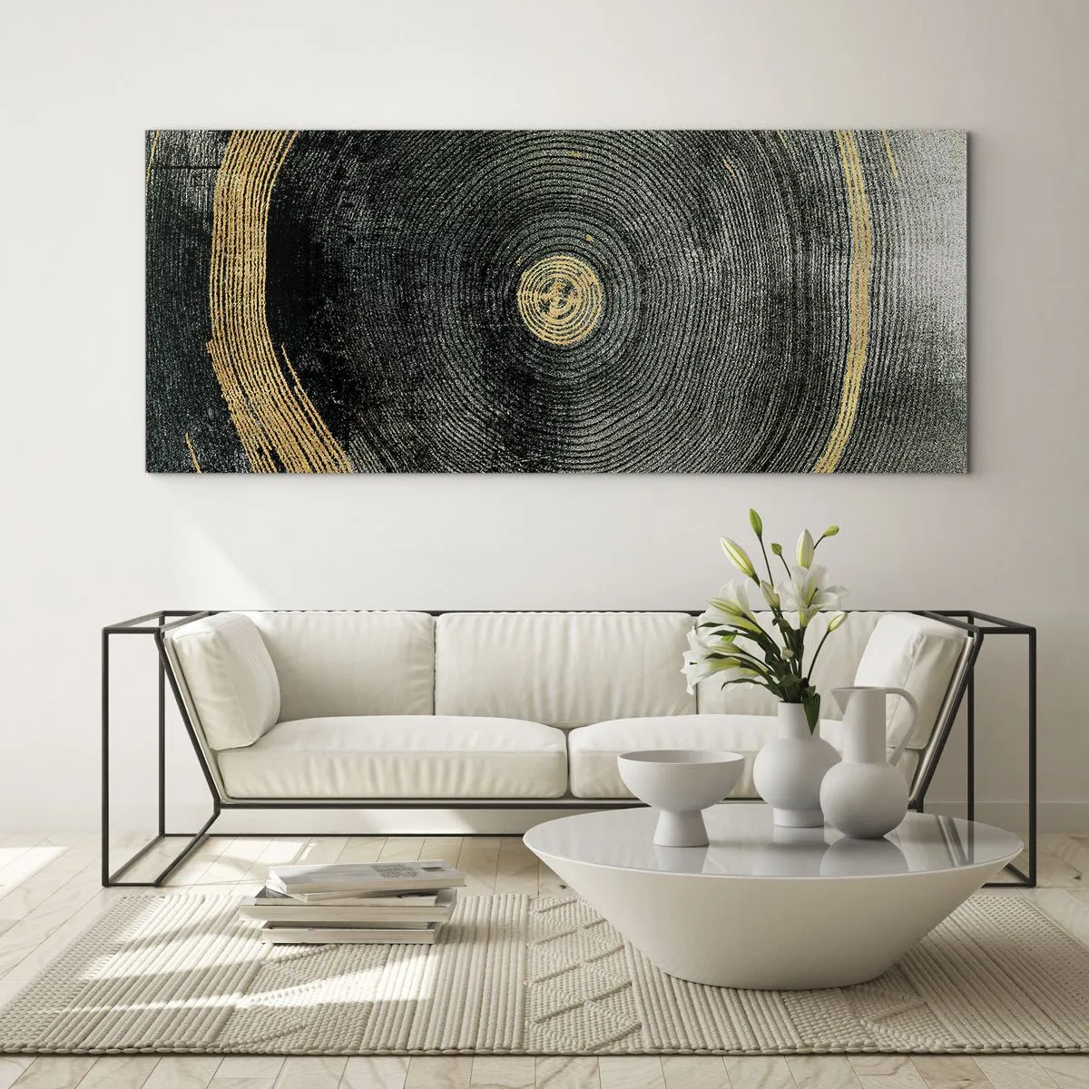 Quadro su vetro - Cerchi concentrici con accenti dorati - 120x50cm - Cambiamento e persistenza - Decorazione murale moderna per soggiorno e camera da letto ARTTOR