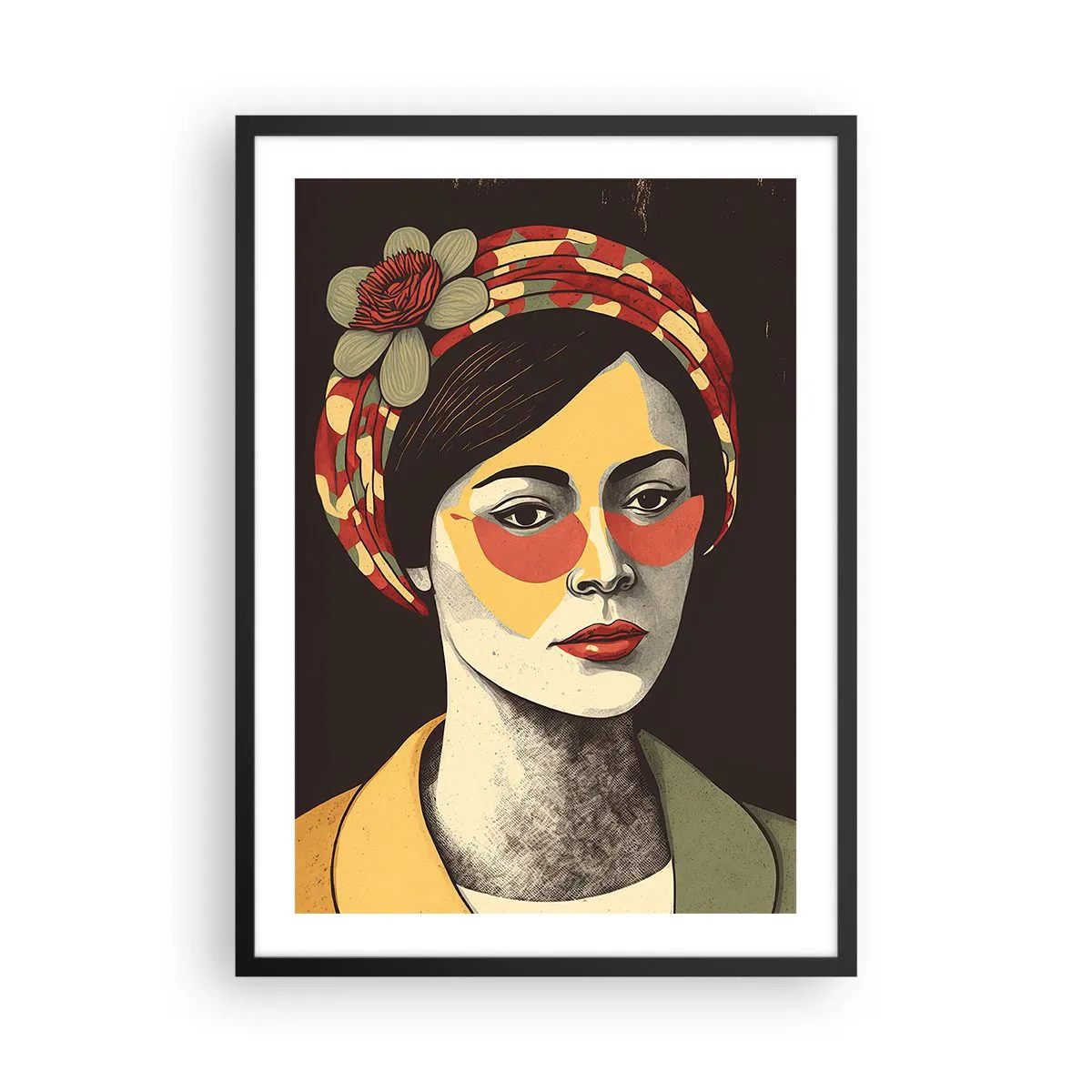 Poster in cornice nera - Ritratto stilizzato di una donna con turbante e accenti floreali - 50x70cm - Dama di corallo - Decorazione murale moderna per soggiorno e camera da letto ARTTOR