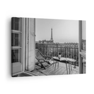 Quadro su tela - Stampe su Tela - Vista della Torre Eiffel dal balcone con sedie a sdraio e tavolo - 70x50cm - Pomeriggio parigino - Decorazione murale moderna per soggiorno e camera da letto ARTTOR