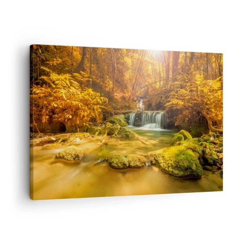 Quadro su tela - Stampe su Tela - Una cascata dorata in una foresta autunnale circondata dal verde - 70x50cm - Cascata boschiva in oro - Decorazione murale moderna per soggiorno e camera da letto ARTTOR