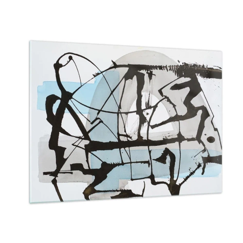 Quadro su vetro - Composizione astratta con uno schizzo nero e macchie blu - 70x50cm - Blu nonostante tutto - Decorazione murale moderna per soggiorno e camera da letto ARTTOR