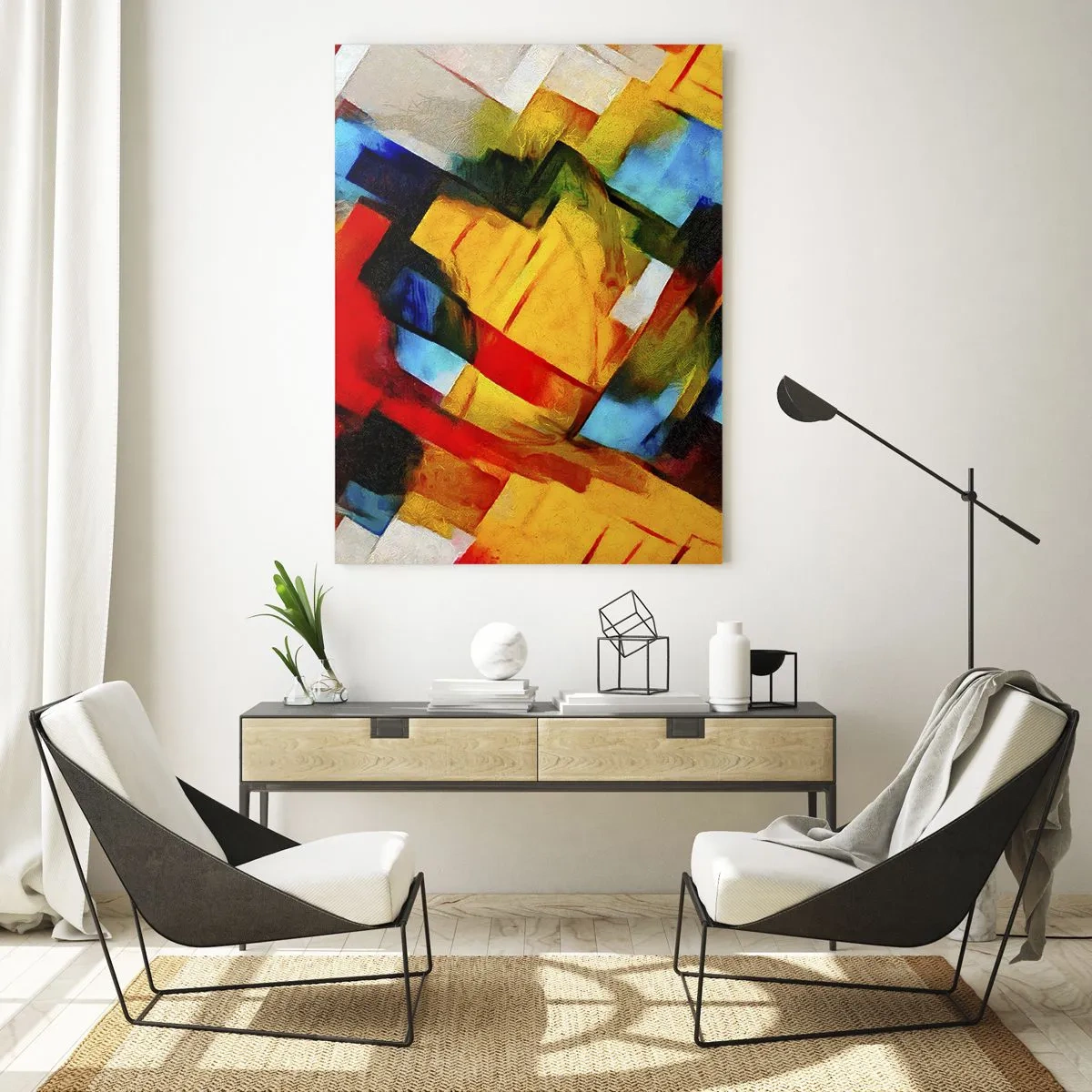 Quadro su vetro - Composizione astratta di forme geometriche - 50x70cm - Intreccio multicolore - Decorazione murale moderna per soggiorno e camera da letto ARTTOR