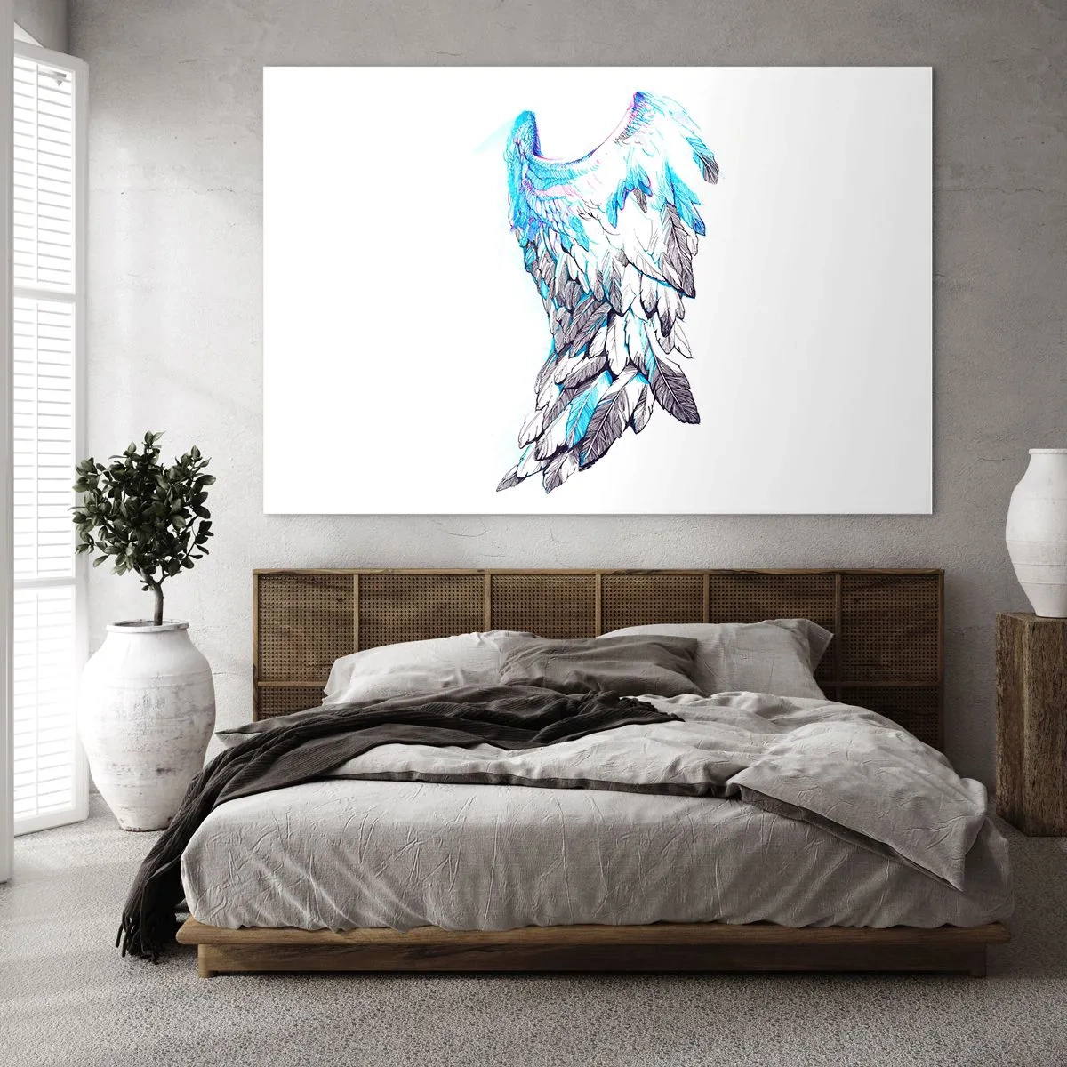 Quadro su vetro - Ali d'angelo nei toni del blu e del grigio - 100x70cm - Mi servono le ali - Decorazione murale moderna per soggiorno e camera da letto ARTTOR