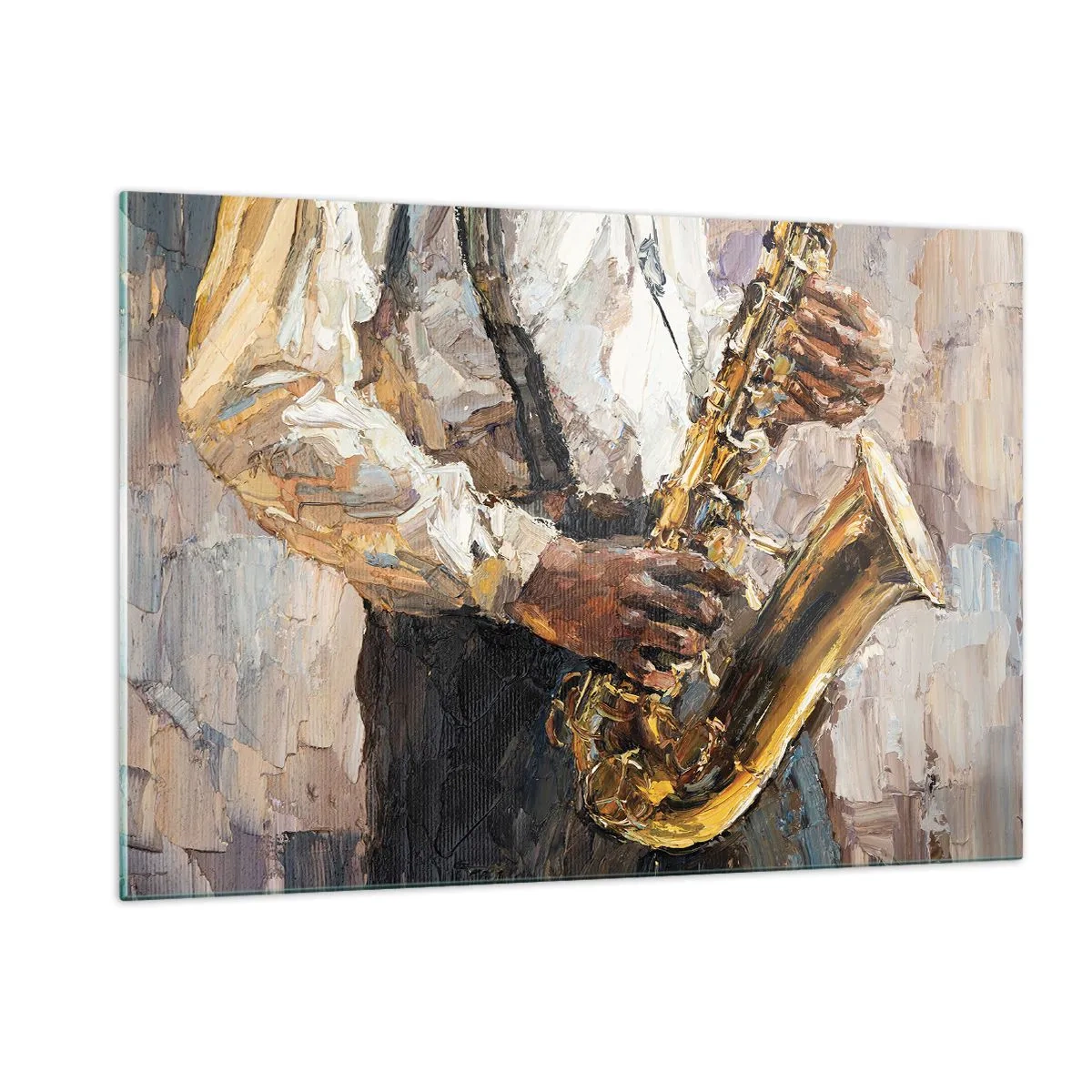 Quadro su vetro - Un musicista che suona il sassofono dipinto utilizzando la tecnica dell'impasto - 120x80cm - Tempo di assolo - Decorazione murale moderna per soggiorno e camera da letto ARTTOR