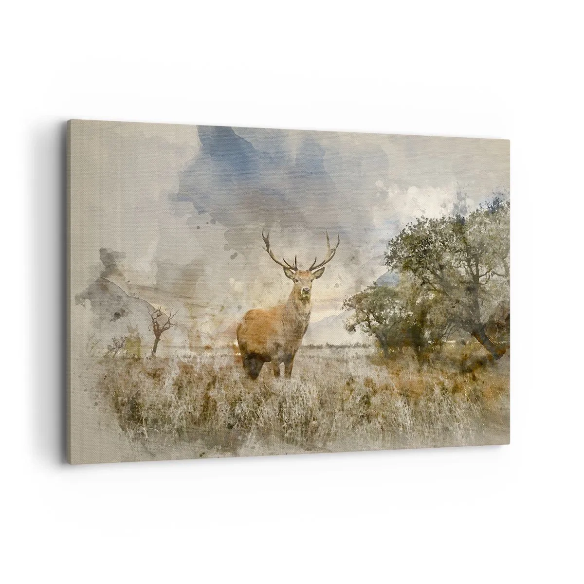 Quadro su tela - Stampe su Tela - Un cervo in un ambiente naturale in stile acquerello - 120x80cm - Dignità - forza - maestosità - Decorazione murale moderna per soggiorno e camera da letto ARTTOR