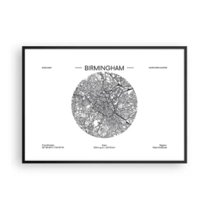 Poster in cornice nera - Una mappa minimalista in bianco e nero di Birmingham con dettagli precisi. - 100x70cm - Anatomia di Birmingham - Decorazione murale moderna per soggiorno e camera da letto ARTTOR